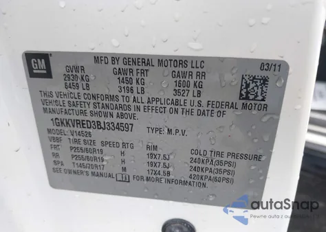 2011 GMC Acadia Slt-1 z USA, uszkodzony, nr VIN 1GKKVRED3BJ334597